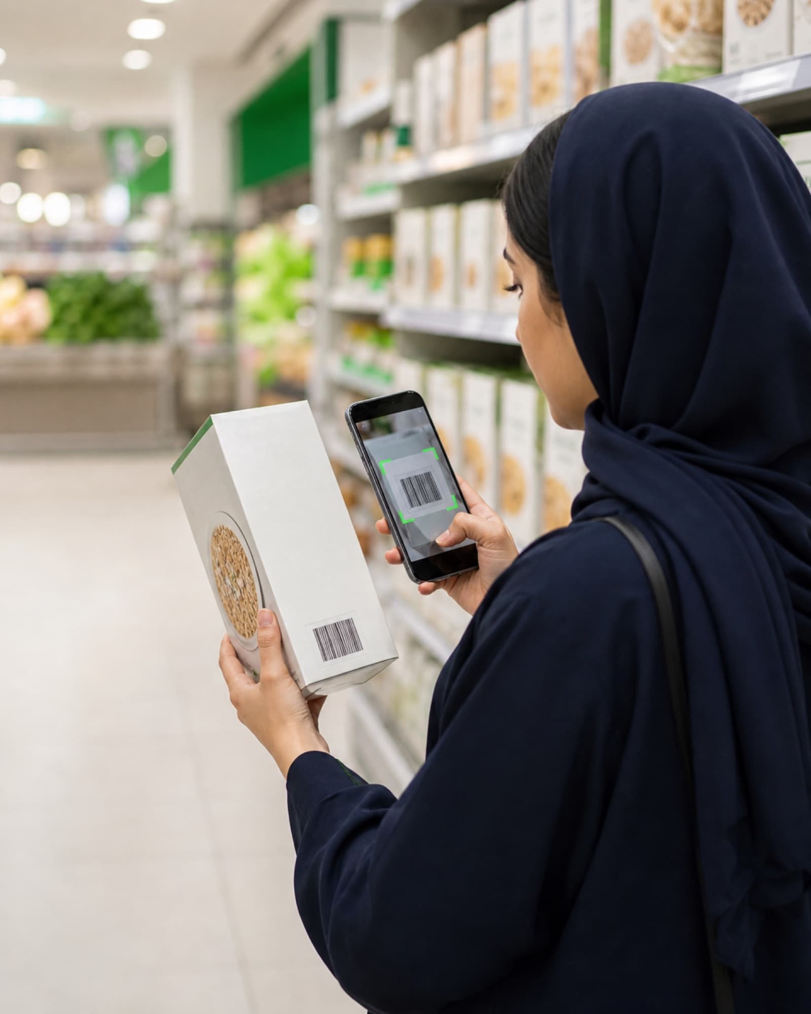A shopper in a supermarket aisle scanning a cereal box barcode with the Shrayk app